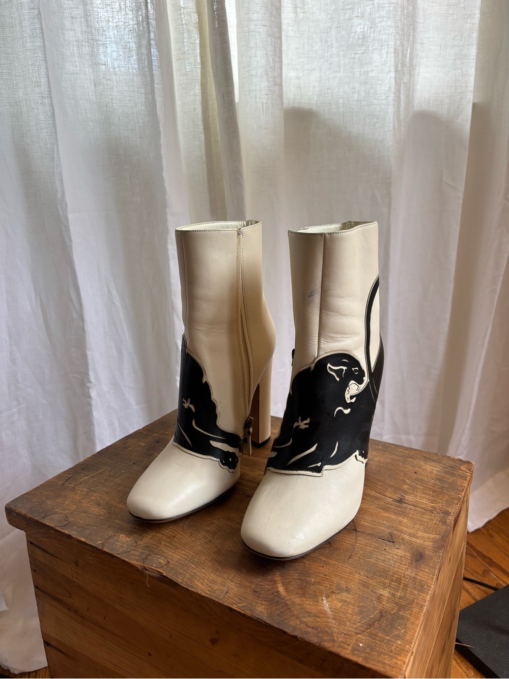 Valentino Garavani Cream and Black Panther Graphic Ankle Boots